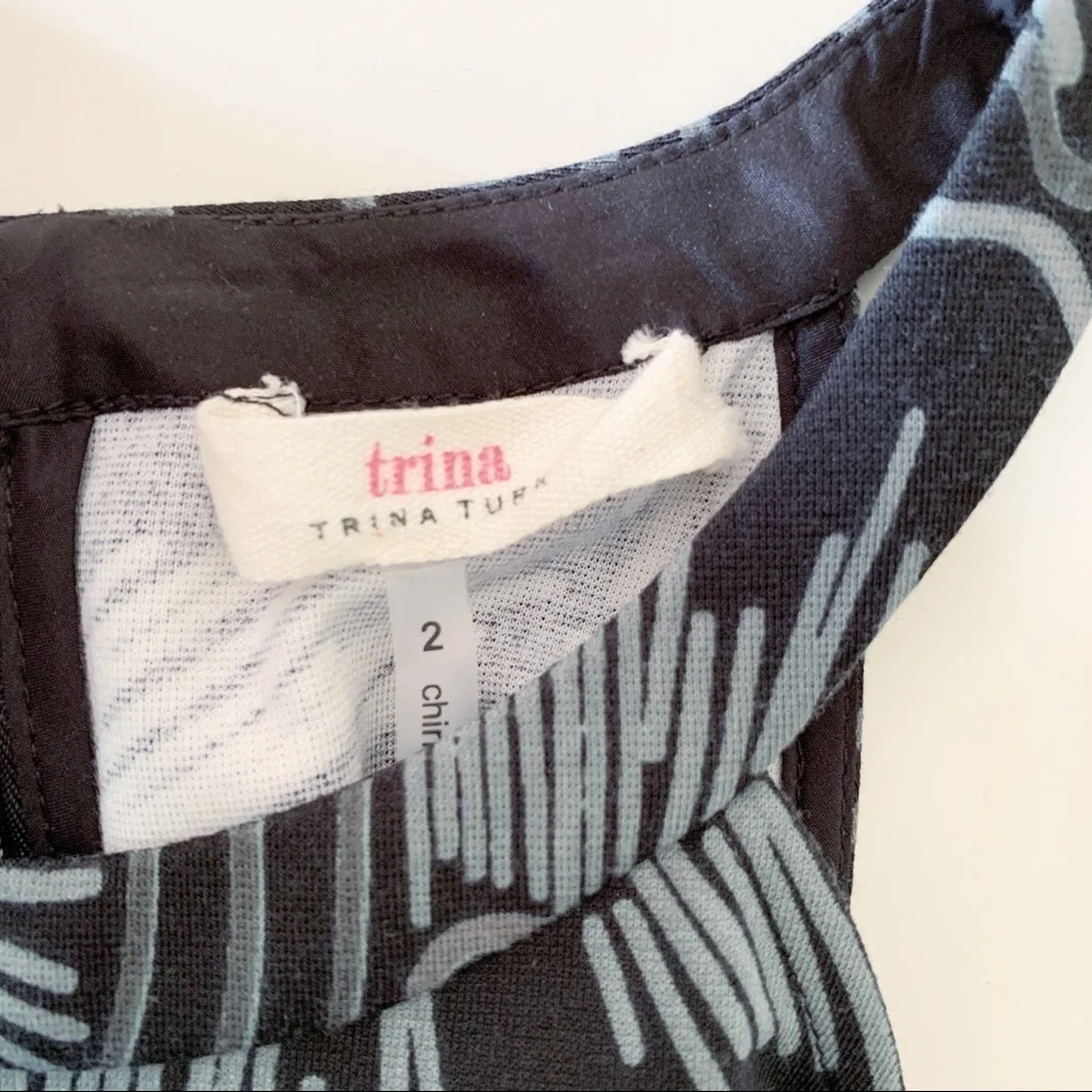 Trina Turk Grey Retro Floral Print Jersey Halter Dress Sz 2 Summer Vacation
